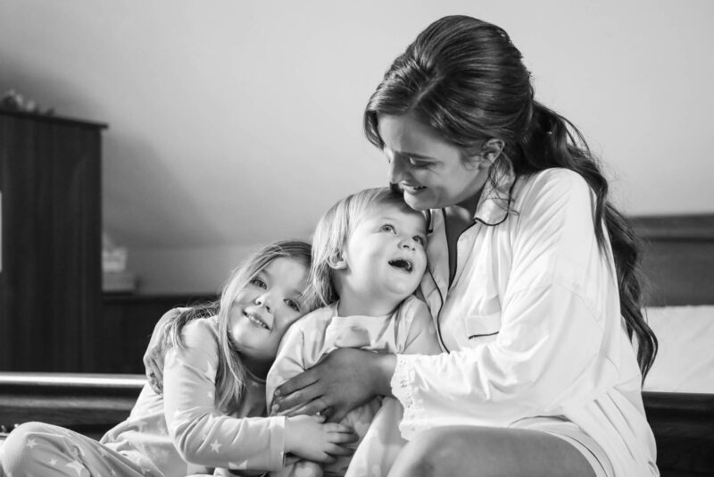 Bride Sam Baker who wed Troy Carry, with the couple’s two daughters, Elsie and Ada, on the morning of the wedding. Bride Sam Baker who wed Troy Carry, with the couple’s two daughters, Elsie and Ada, on the morning of the wedding.