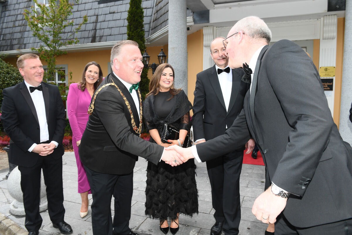 The Lord Mayor of Cork Cllr Colm Kelleher greets Simon Coveney, minister for foreign affairs with An Taoiseach Micheal Martin, Michael McGrath, minister for public expenditure and reform , Helen McGrath, and Sandra Murphy at the CBA presidents dinner and Cork business of the year awards at The Vienna Woods hotel . Picture; Eddie O'Hare The Lord Mayor of Cork Cllr Colm Kelleher greets Simon Coveney, minister for foreign affairs with An Taoiseach Micheal Martin, Michael McGrath, minister for public expenditure and reform , Helen McGrath, and Sandra Murphy at the CBA presidents dinner and Cork business of the year awards at The Vienna Woods hotel . Picture; Eddie O'Hare