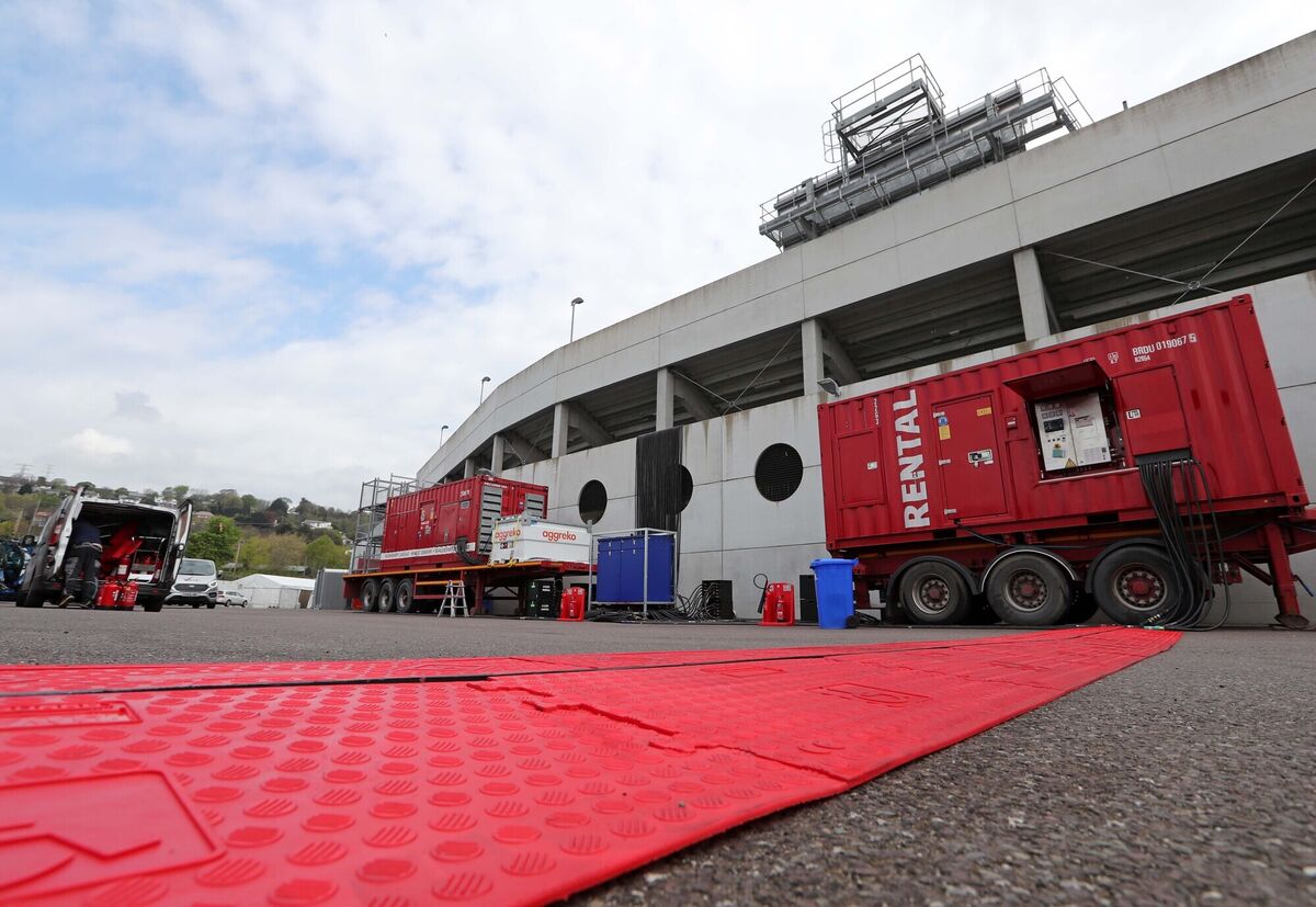 Two large generators, at the busy backstage area at the city end of the stadium. Picture: Jim Coughlan.  Two large generators, at the busy backstage area at the city end of the stadium. Picture: Jim Coughlan.