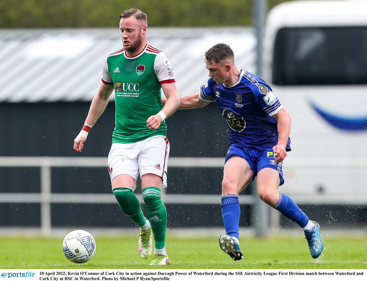 Kevin O'Connor of Cork City in action against Darragh Power of Waterford. Picture: Michael P Ryan/Sportsfile Kevin O'Connor of Cork City in action against Darragh Power of Waterford. Picture: Michael P Ryan/Sportsfile