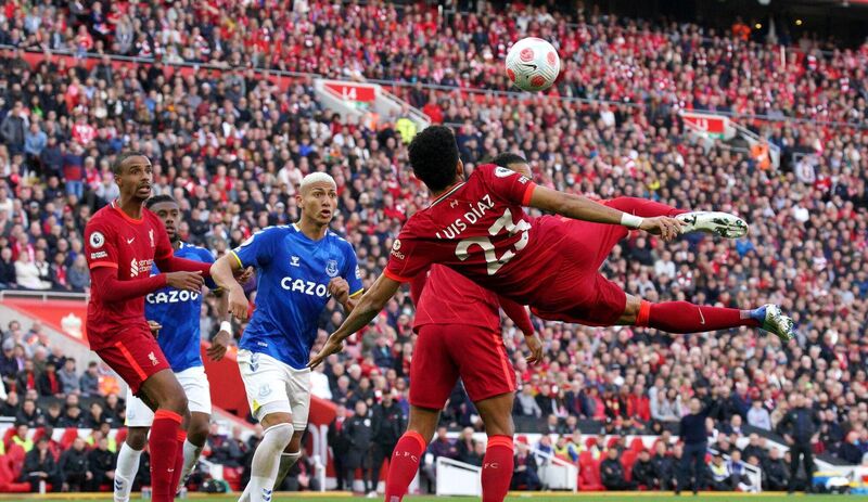Liverpool's Luis Diaz (right) assists Liverpool's Divock Origi (not pictured) in scoring their side's second goal against Everton. Picture: Peter Byrne/PA Wire.