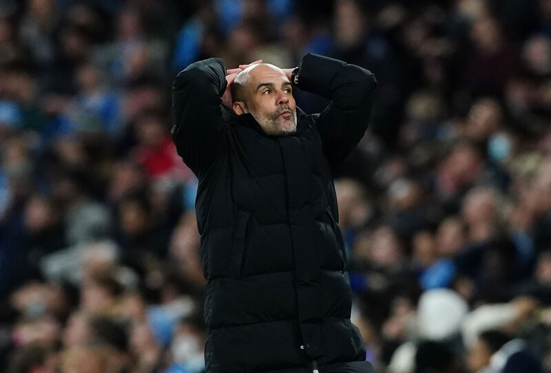 Manchester City manager Pep Guardiola was under a lot of stress during their hectic UEFA Champions League semi-final, first leg, against Real Madrid at the Etihad Stadium, Manchester. Picture: Martin Rickett/PA Wire