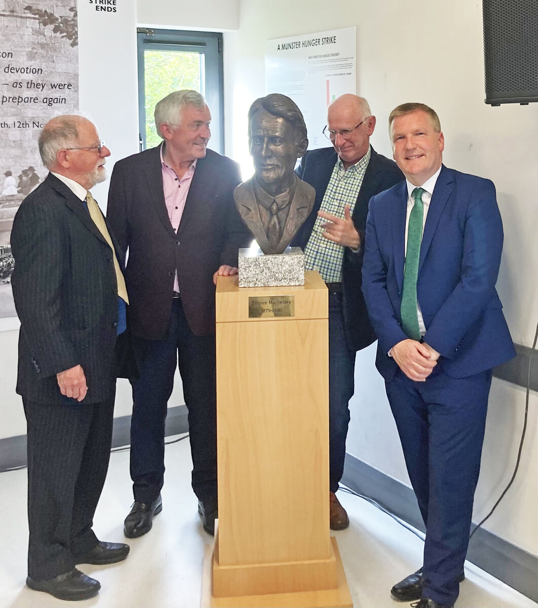  30th April 2022 Cathal MacSwiney Brugha, grandson of Terence MacSwiney, Michael O'Flynn, sponsor, John Coll, sculptor, and Michael McGrath, Minister for Public Expenditure and Reform, at the unveiling of a bust of Terence MacSwiney at the Independence Museum Kilmurry. Picture; Eddie O'Hare