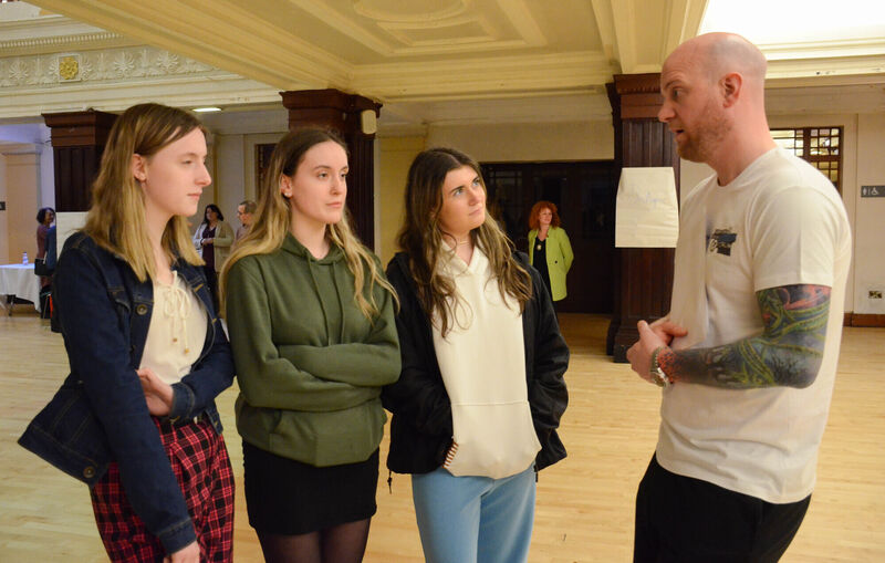 Cormac O'Neill of NorthSouth Youth Forum speaking to Lucy Ni Chathmhaoil, Clodagh Ni Cheallachain and Abbie Nic Craith at the recent Foroige 'Have Your Say' Forum in the City Hall in Cork. Picture: Howard Crowdy