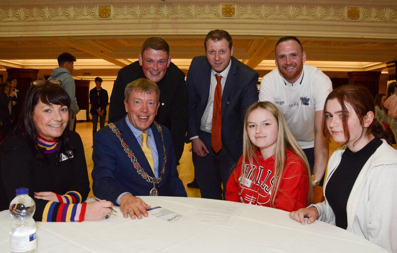 Pictured at the recent Foroige 'Have Your Say' Forum in the City Hall in Cork were Celine Hurley, Foroige; Deputy Lord Mayor Cllr Tony Fitzgerald; Josephine Dempster, Mayfield and Cara Cullen, Knocknaheeny with Paudie O'Sullivan TD and Sean Mealy, Youth Worker. Picture: Howard Crowdy