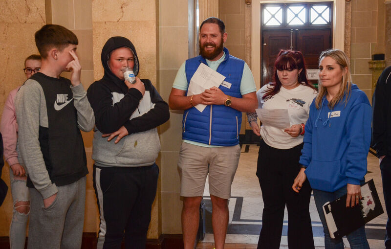 Jamie James, Chloe Murphy and Noelle Corbett from Knocknaheeny speaking to young people at the recent Foroige 'Have Your Say' Forum in the City Hall in Cork. Picture: Howard Crowdy