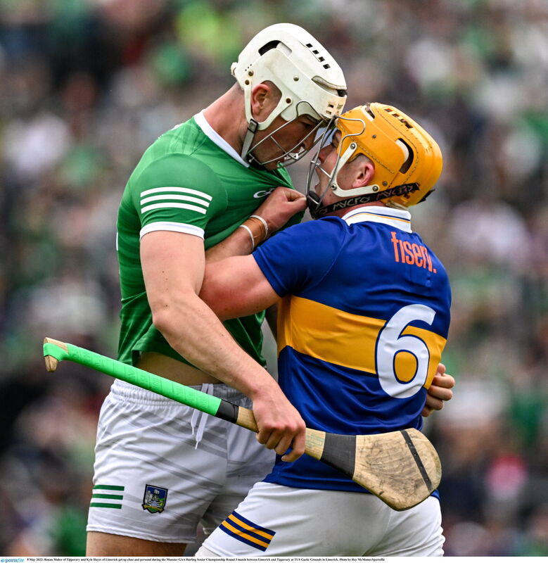 Ronan Maher of Tipperary and Kyle Hayes of Limerick get up close and personal. Picture: Ray McManus/Sportsfile