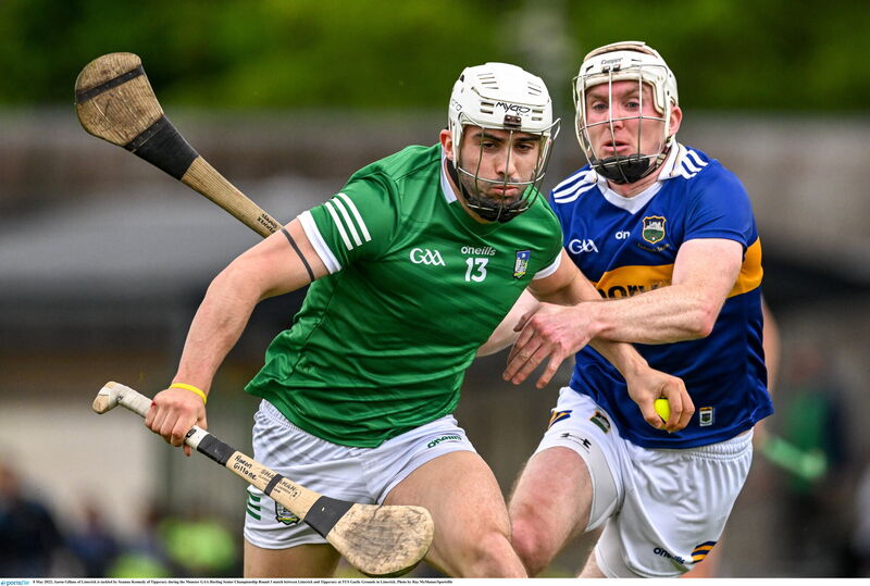 Aaron Gillane of Limerick is tackled by Seamus Kennedy of Tipperary at TUS Gaelic Grounds. Picture: Ray McManus/Sportsfile