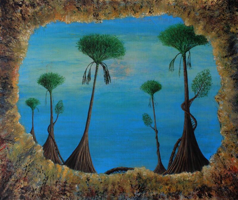 Angela Gilmour's Borehole through deep time (first forests - 383 Ma Gilboa, US) 2022 acrylic on FSD birch panel 