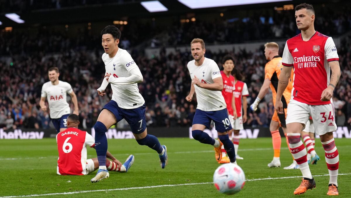 Tottenham Hotspur's Son Heung-min celebrates scoring their side's third goal of the game against Arsenal at Tottenham Hotspur Stadium, London. Picture: John Walton/PA Wire.