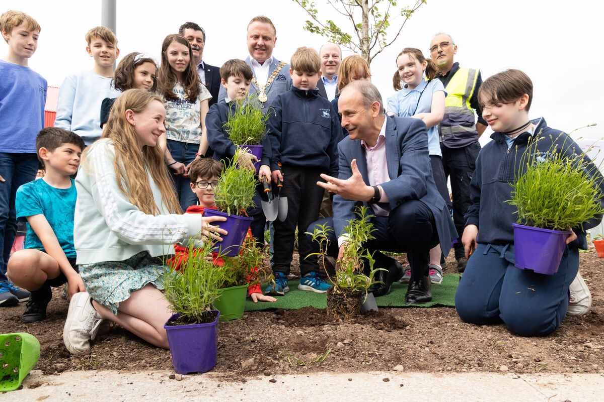 Taoiseach Micheál Martin planting flowers with the Lord Mayor of Cork Cllr Colm Kelleher and students from Ballintemple National School at a family fun day for the official opening of phase one of Marina Park, Cork. Photo: Darragh Kane Taoiseach Micheál Martin planting flowers with the Lord Mayor of Cork Cllr Colm Kelleher and students from Ballintemple National School at a family fun day for the official opening of phase one of Marina Park, Cork. Photo: Darragh Kane