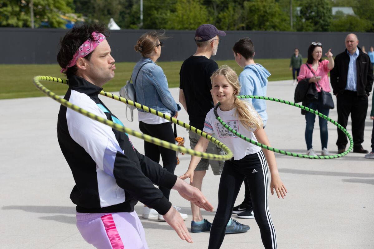 Cormac Mohally, Circus Factory and Katie Schlede, Ballincollig playing Hula Hoop at a family fun day for the officially opening of phase one of Marina Park, Cork.Photo Darragh Kane Cormac Mohally, Circus Factory and Katie Schlede, Ballincollig playing Hula Hoop at a family fun day for the officially opening of phase one of Marina Park, Cork.Photo Darragh Kane