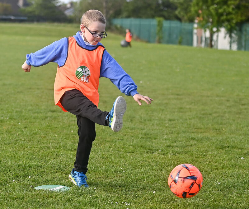  Alan Kingston, hits the net during at a soccer training sessions for children with disabilities and their parents at Glenthorn Celtic grounds, Ballyvolane. Picture: David Keane