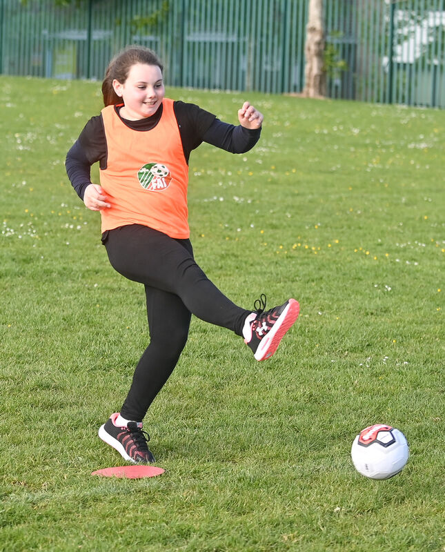  Ella Kingston, shoots for goal at a soccer training sessions for children with disabilities and their parents at Glenthorn Celtic grounds, Ballyvolane. Picture: David Keane