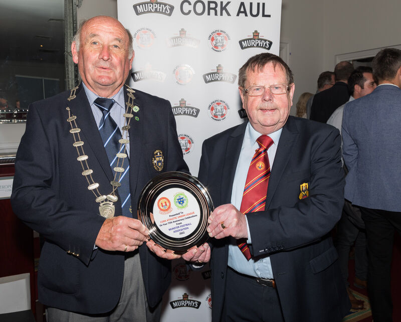 Richard Browne, chairman of the Munster Football Association made a presentation to Tom Fitzgerald. Picture David Creedon