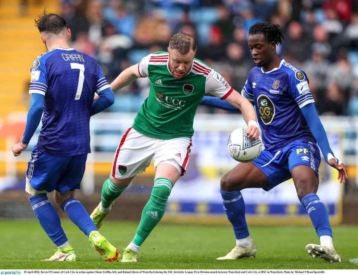 Kevin O'Connor of Cork City in action against Shane Griffin and Roland Idowu of Waterford. Picture: Michael P Ryan/Sportsfile Kevin O'Connor of Cork City in action against Shane Griffin and Roland Idowu of Waterford. Picture: Michael P Ryan/Sportsfile