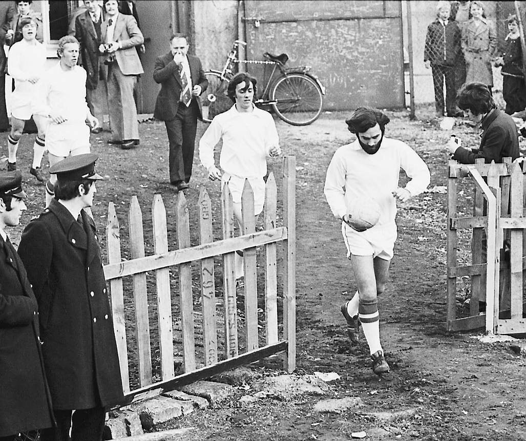 Soccer George Best leads out Cork Celtic against Drogheda at Flower Lodge Cork in 1975.