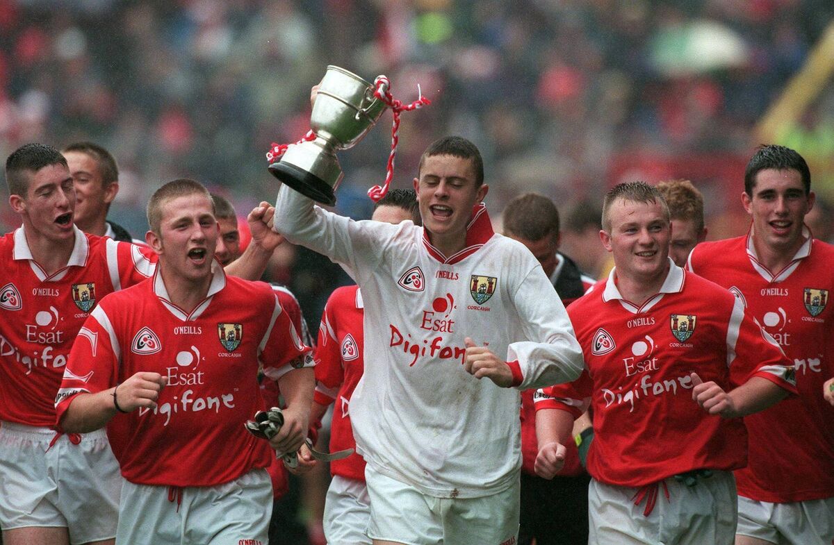 Paddy O'Shea and the Cork minor footballers celebrate their impressive win over Kerry in the 1999 Munster final at Páirc Uí Chaoimh. Picture: INPHO/Patrick Bolger