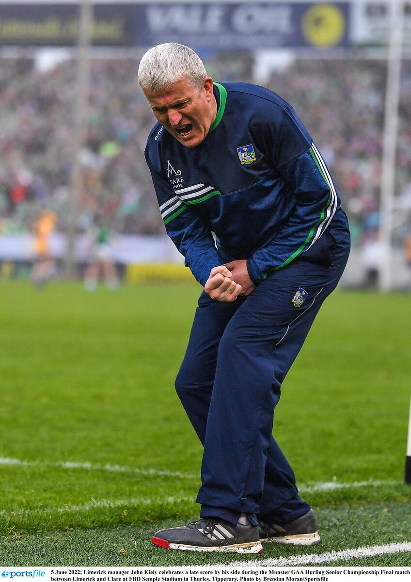 Limerick manager John Kiely celebrates a late score. Picture: Brendan Moran/Sportsfile