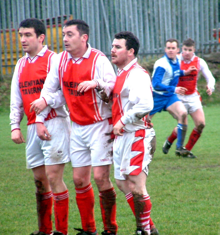 Castleview's wall of three - l to r, Rodney Power, Declan Sheehan and Nipper Meehan - face Kinsale free kick. AOH Cup (AUL), Castleview v Kinsale, O'Sullivan Park, 8 Mar 2003, Billy Lyons /Castleview v Kinsale Soccer 03