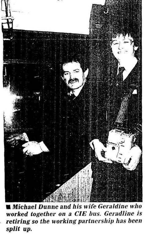 Mick and Geraldine Dunne in the Examiner in December, 1987, after the married couple's six-year partnership on the No.3 bus ended when she took early redundancy and he continued on the new 'one-person buses'