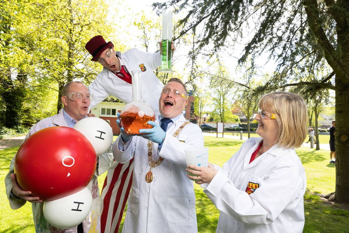 Mervyn Horgan, Lifetime Lab Old Cork Waterworks, Stiltwalker William Flanagan, Lord Mayor Cllr Colm Kelleher and Mary Walsh, Executive Scientist Cork City Council and Festival Organiser at the launch of the Cork Carnival of Science. PIC Darragh Kane