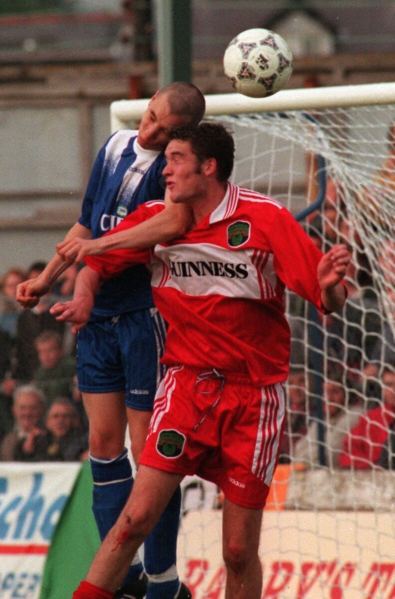  Noel Hartigan contests a header against Standard Liège. Picture: Eddie O'Hare