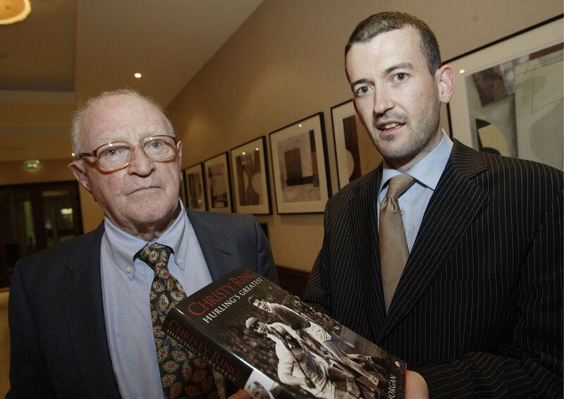 Paddy Hogan, who played in the half-back line with Christy Ring in the 1938 All-Ireland winning Cork minor team, and Donal Óg Cusack at the launch of Christy Ring: Hurling's Greatest by Tim Horgan. Picture: Neil Danton Paddy Hogan, who played in the half-back line with Christy Ring in the 1938 All-Ireland winning Cork minor team, and Donal Óg Cusack at the launch of Christy Ring: Hurling's Greatest by Tim Horgan. Picture: Neil Danton