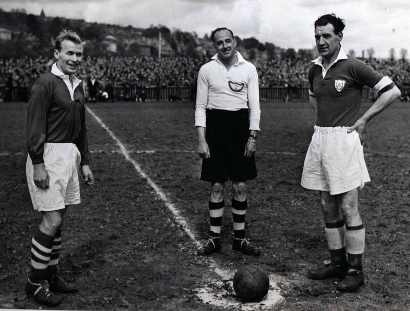 Florrie Burke, right, who played in four FAI Cup finals in a row between 1950 and 1953, three with Cork Athletic and one with Evergreen United, with legendary England and Middlesbrough striker Wilf Mannion. Florrie Burke, right, who played in four FAI Cup finals in a row between 1950 and 1953, three with Cork Athletic and one with Evergreen United, with legendary England and Middlesbrough striker Wilf Mannion.