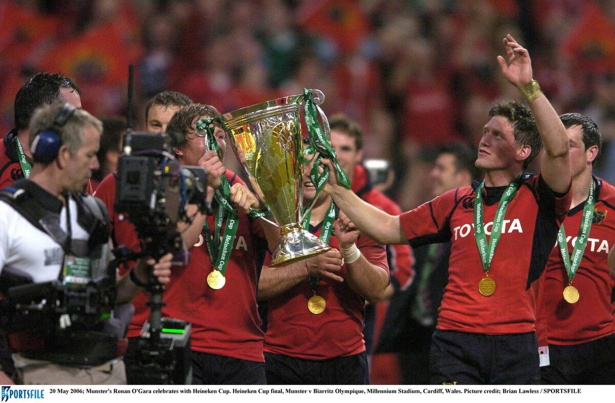 Munster's Ronan O'Gara celebrates with Heineken Cup in 2006 after beating Biarritz. Picture: Brian Lawless/SPORTSFILE