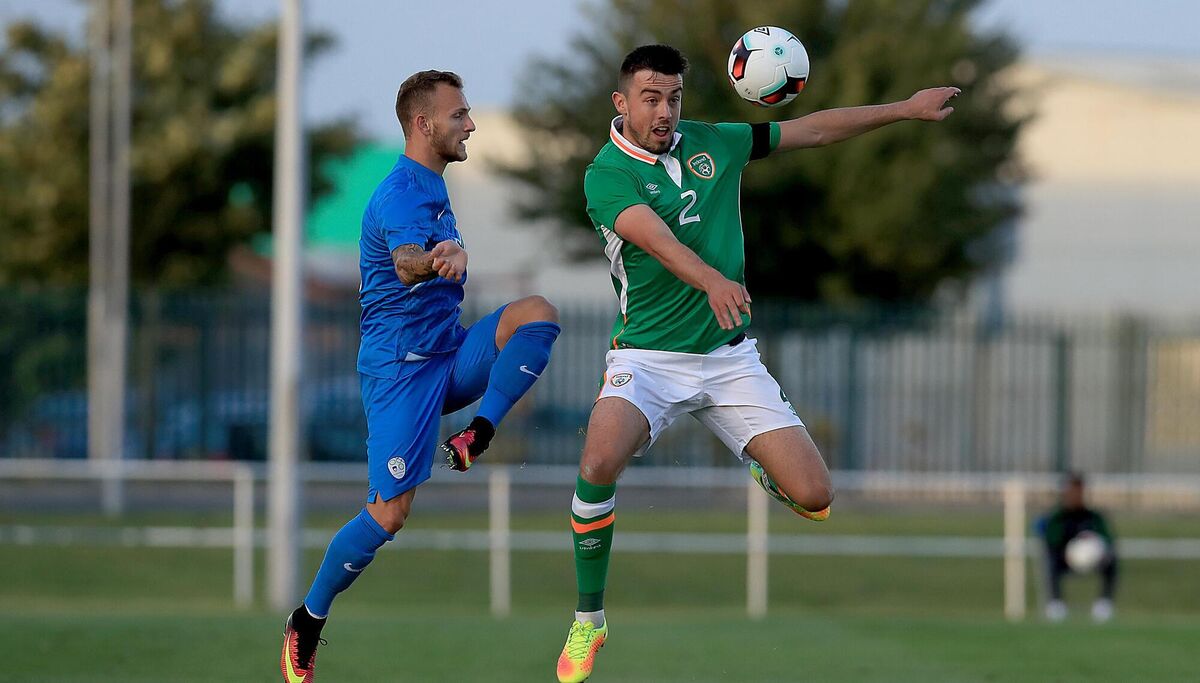 Republic of Ireland's Eoghan O'Connell with Aljaz Krefi of Slovenia Republic of Ireland's Eoghan O'Connell with Aljaz Krefi of Slovenia