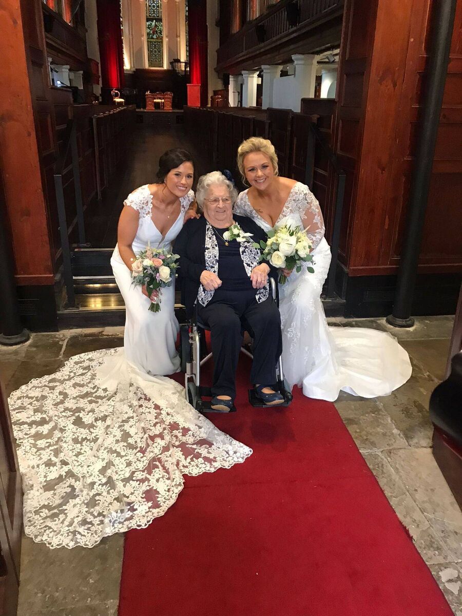 Ciara and Maria Collins with Ciara’s grandmother Kitty Kavanagh, 96. They said it was special having both grandmothers at the wedding.