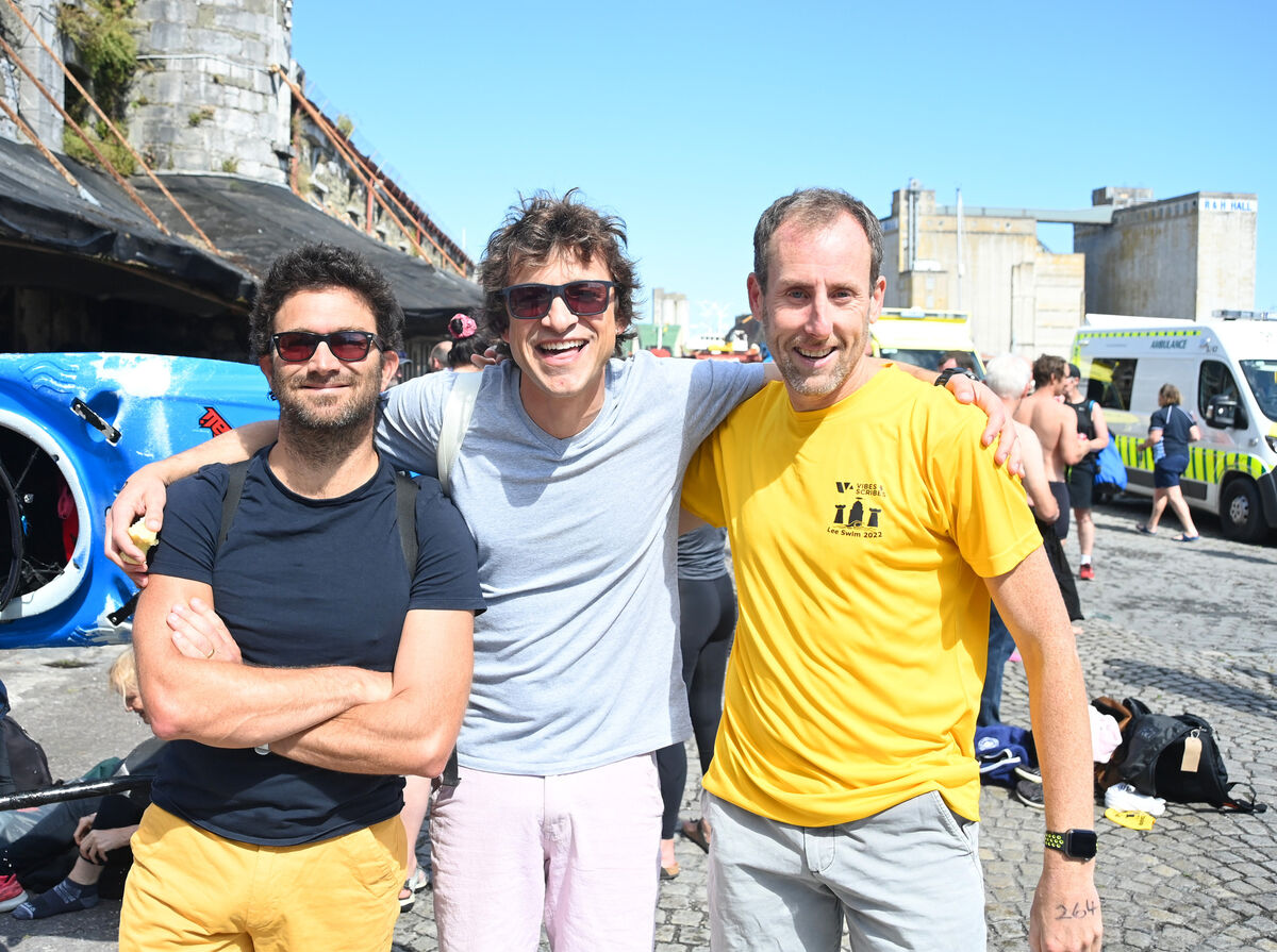  Paul Twohig, Celso Lemos and Denis O'Regan at the finish of the Vibes &amp; Scribes Lee Swim 2022 at North Mall, Cork City on Saturday 9th July 2022. Pic: Larry Cummins.