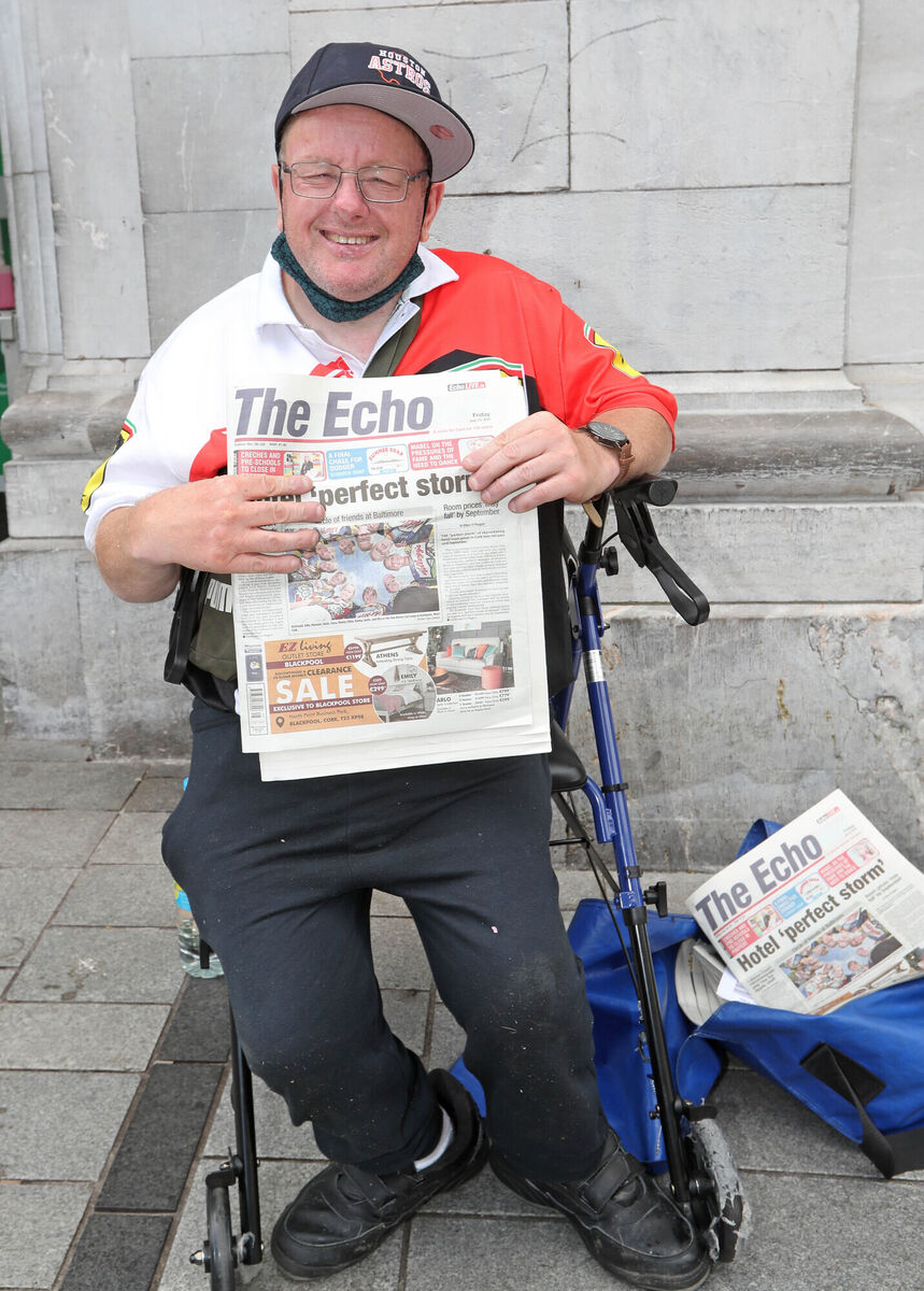 Cork's Echo Boy, Dave Hogan, with his new walking aid which was replaced by Aer Lingus after his walking aid was lost in transit by the airline, at the GPO, Oliver Plunkett Street, Cork.