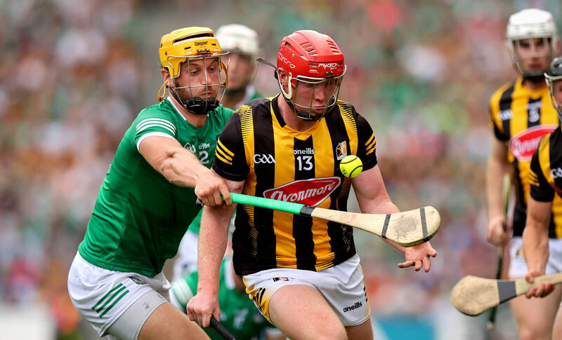 Limerick’s Tom Morrissey, the prototype modern wing-forward, tackles Adrian Mullen of Kilkenny. Picture: INPHO/Ryan Byrne