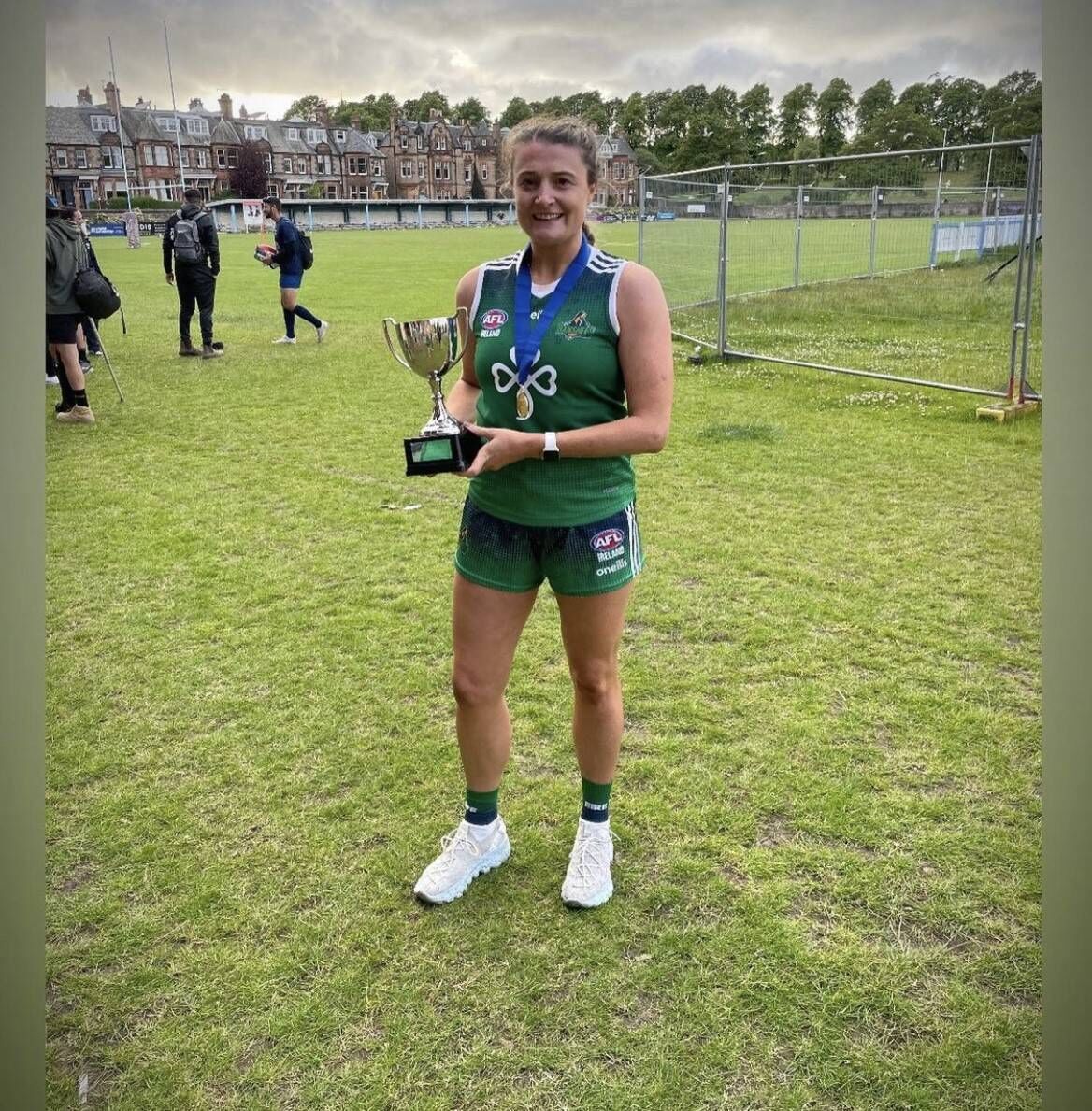 Annie Walsh with the cup after winning the European AFL Championships with Ireland.