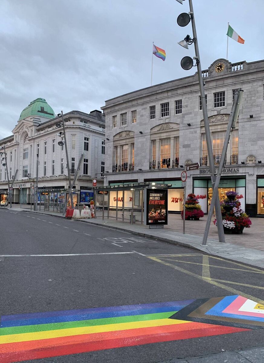 One of the two new Pride crossings on Patrick Street. Picture credit: Cork LGBT+ Pride Twitter. 
