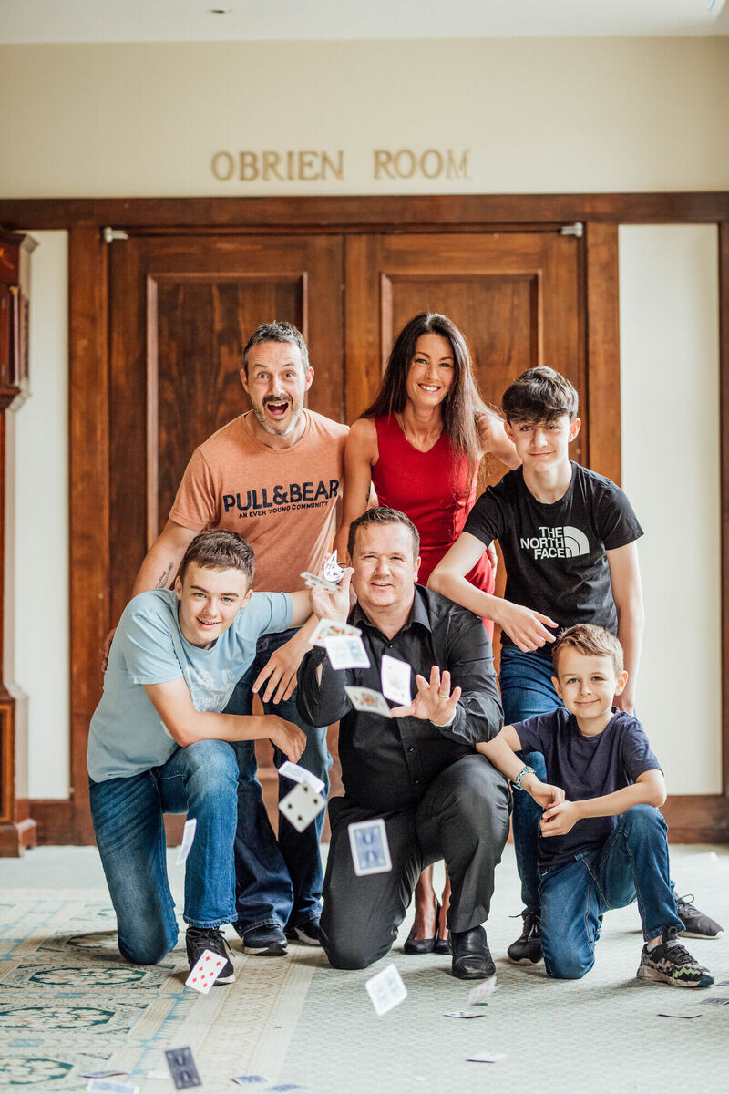  Danielle Blower Kelly - CEO of Allied Healthcare, with husband Dave Kelly, Magician Leon Anderson, and sons Kenneth (ahe 14), Jack (age 12) and Isaac (age 8) in the Castletroy Park Hotel, Limerick. Pic. Brian Arthur