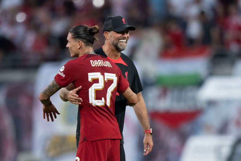 Liverpool manager Jurgen Klopp greets Darwin Nunez following the pre-season friendly match at Red Bull Arena in Leipzig, Germany. Picture: Hendrik Schmidt via DPA/PA Wire Liverpool manager Jurgen Klopp greets Darwin Nunez following the pre-season friendly match at Red Bull Arena in Leipzig, Germany. Picture: Hendrik Schmidt via DPA/PA Wire