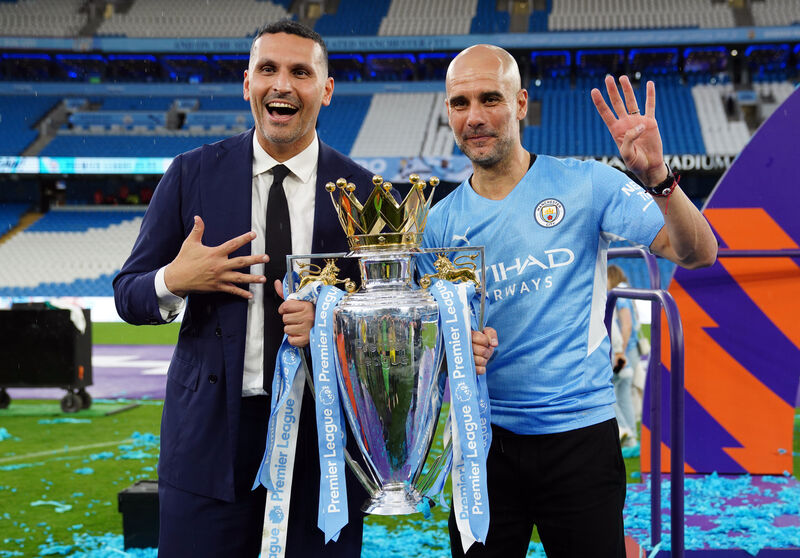 Manchester City manager Pep Guardiola signals winning four Premier League titles in the last five seasons alongside chairman Khaldoon Al Mubarak following the Premier League match at The Etihad Stadium, Manchester. Manchester City manager Pep Guardiola signals winning four Premier League titles in the last five seasons alongside chairman Khaldoon Al Mubarak following the Premier League match at The Etihad Stadium, Manchester.