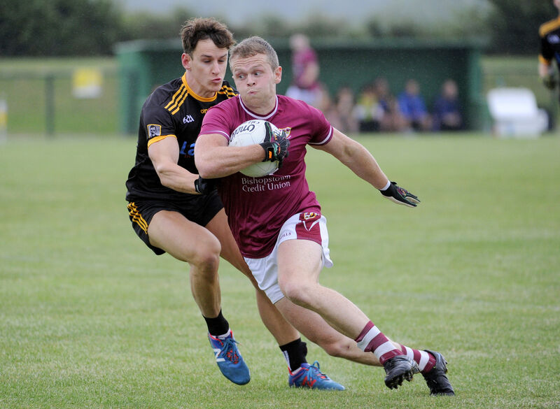 Bishopstown captain Paul Honohan in action against Fermoy's Jack Scannell in the Senior A Football Championship at Rathcormac. Picture: Gavin Browne