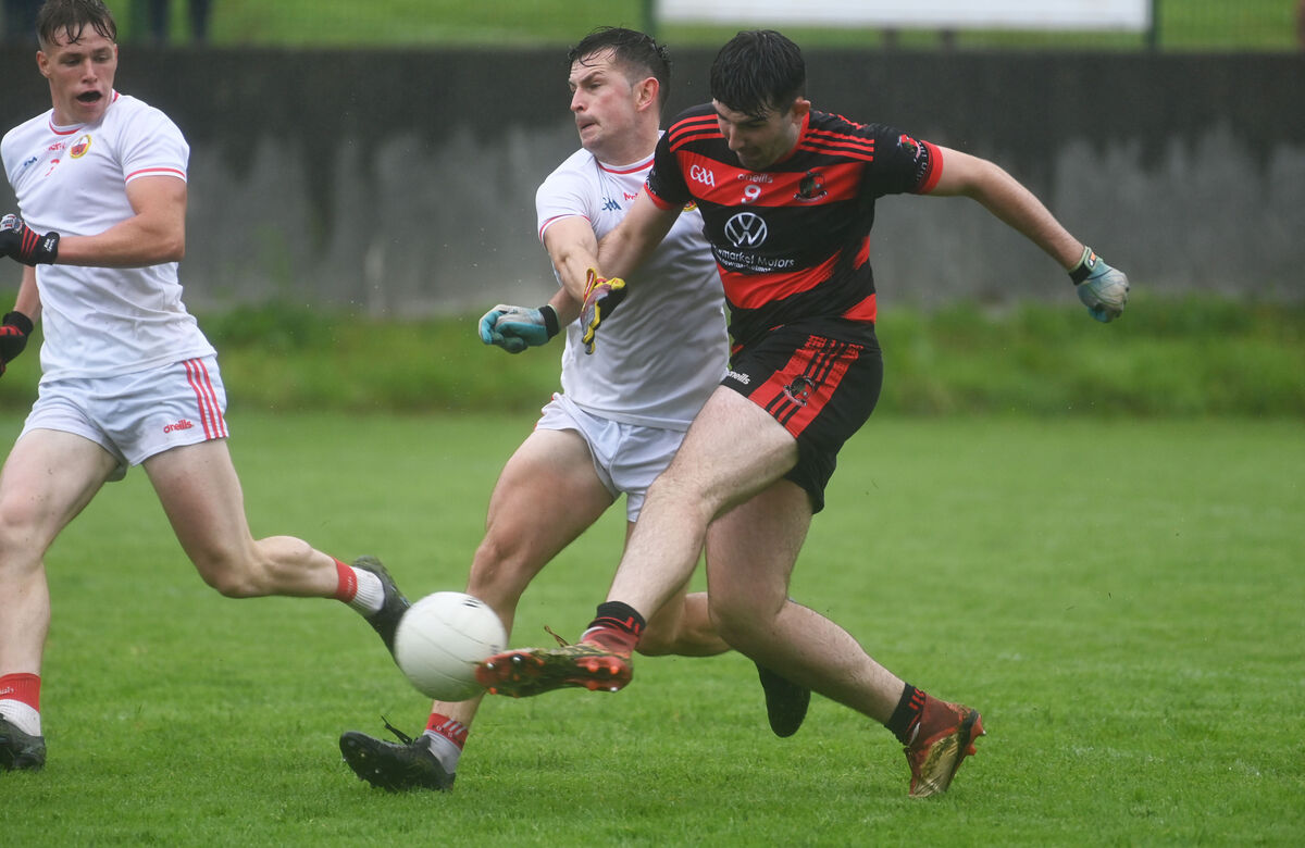 Cathal Browne hammers home his goal from O'Donovan Rossa's Daniel Hazel. Picture: Eddie O'Hare Cathal Browne hammers home his goal from O'Donovan Rossa's Daniel Hazel. Picture: Eddie O'Hare