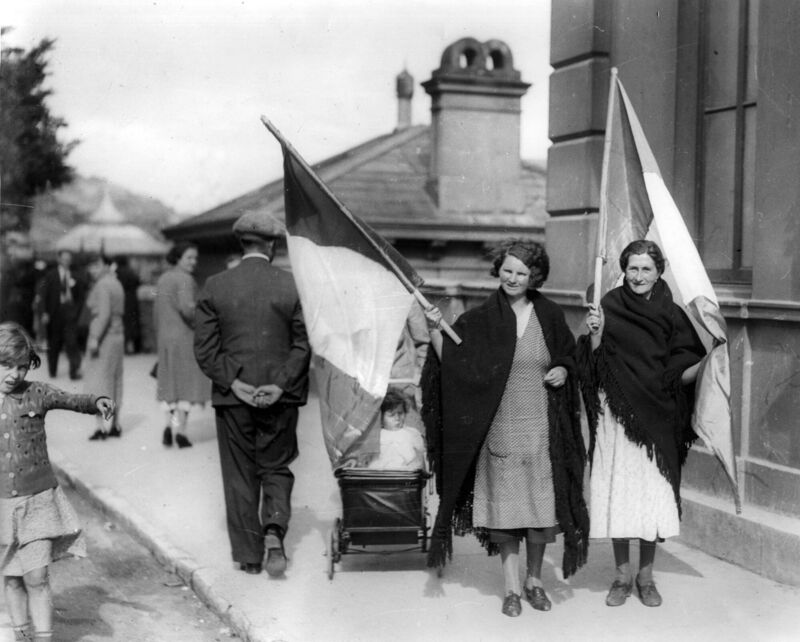 Local women at Cobh celebrate the evacuation of British troops from nearby Spike Island, in 1938. Local women at Cobh celebrate the evacuation of British troops from nearby Spike Island, in 1938.