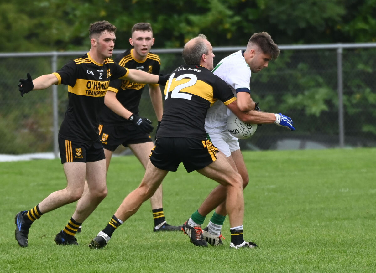 Clyda Rovers' Paudie Kissane tackles Ilen Rovers Sean O'Donovan during the Bon Secours Cork SAFC at Kilmurry. Picture: Eddie O'Hare Clyda Rovers' Paudie Kissane tackles Ilen Rovers Sean O'Donovan during the Bon Secours Cork SAFC at Kilmurry. Picture: Eddie O'Hare