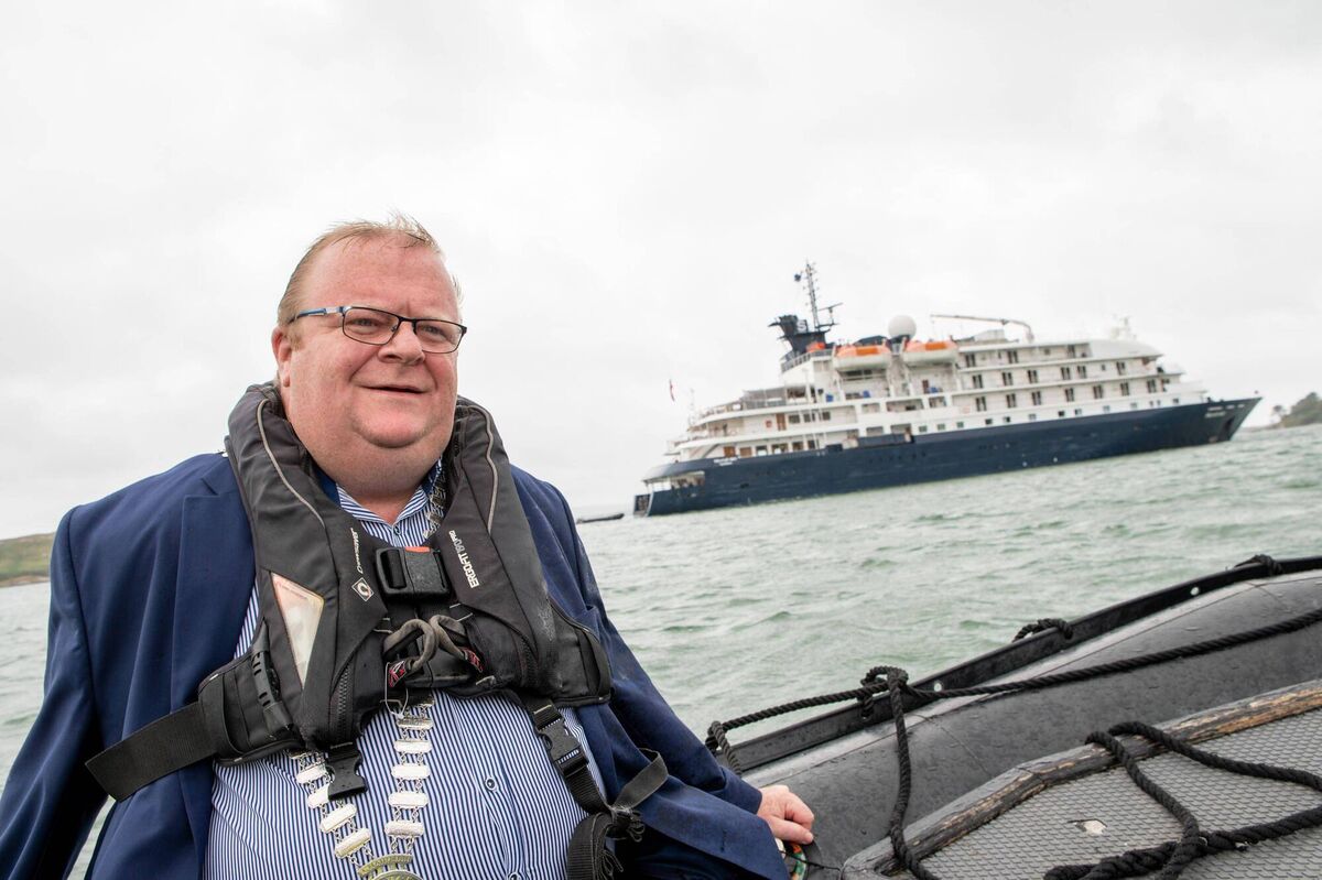 Mayor of the County of Cork Danny Collins on board a RIB on his way to visit Captain Jose Fonseca of the Island Sky Cruise ship in Schull. Picture. John Allen Mayor of the County of Cork Danny Collins on board a RIB on his way to visit Captain Jose Fonseca of the Island Sky Cruise ship in Schull. Picture. John Allen