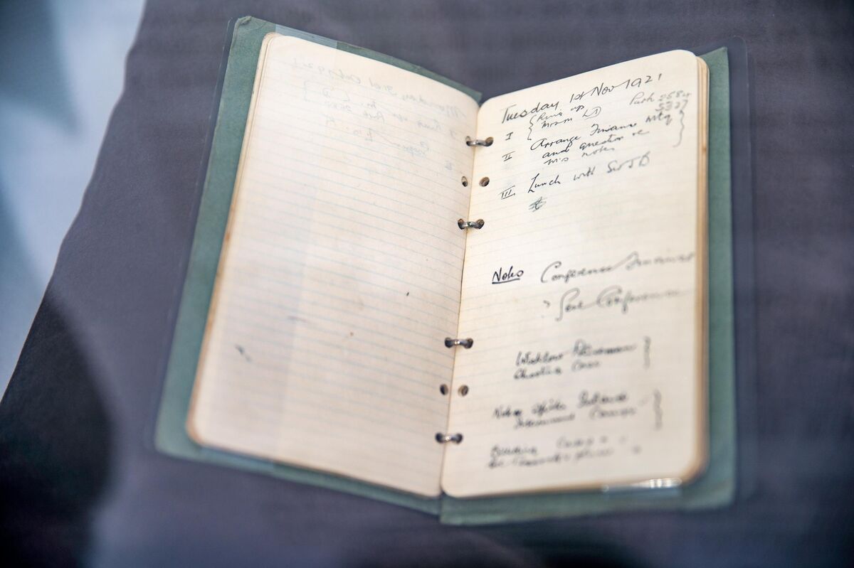 Looking through glass at the diaries of Michael Collins which have gone on public display for the first time ahead of the centenary of his death at an ambush in Béal na mBláth. Picture. John Allen