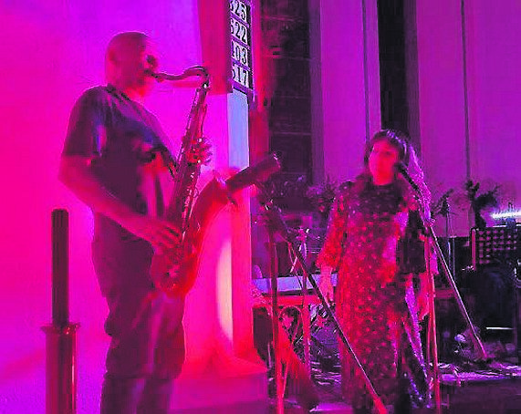 Jessie Kennedy and sax player Ritchie Buckley at Glandore Jessie Kennedy and sax player Ritchie Buckley at Glandore