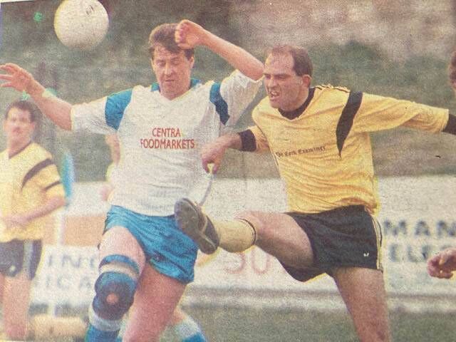 Centra's John Horgan tussles for position with Cork Examiner full-back Pat Broderick during the AIB Cup Final at Turner's Cross on Sunday, May 3, 1992.