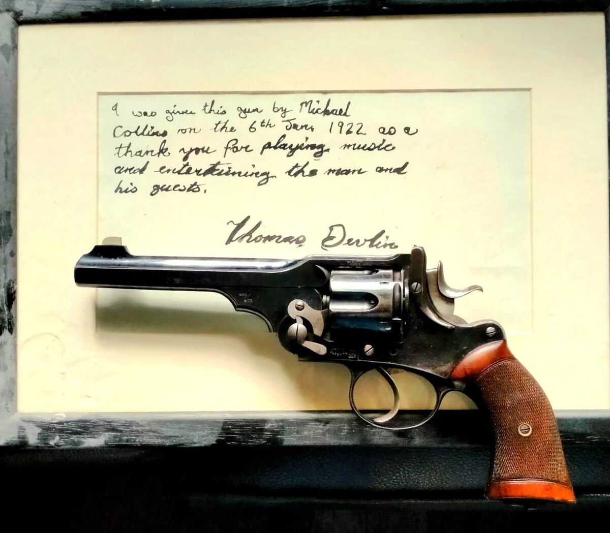 Imperial Hotel, Michael Collins commemorations. Pictured: Michael Collins's 45 Army Revolver with provenance from the 6th Jan 1922. Credit Pat O'Hagan Collection. 