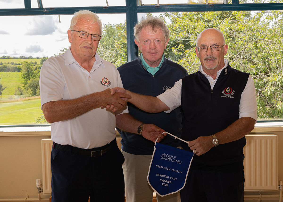 Kinsale Fred Daly Captain Ger Cullinane presenting the pennant to Mens Captain Dermot O'Sullivan. Also included is Kevin Murray, Golf Ireland. Picture: Tadhg Hurley